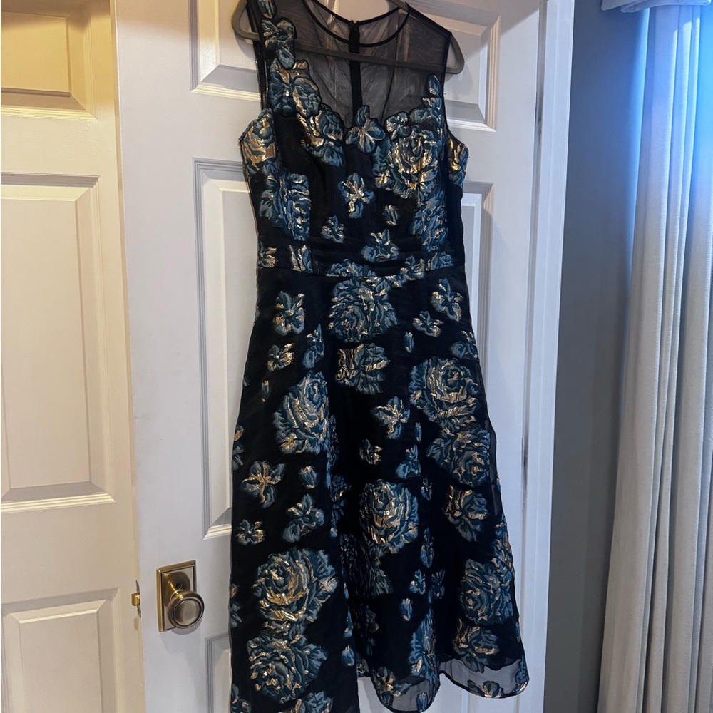 Teri Jon Black and Blue Floral Midi Dress